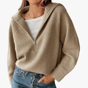Women’s Casual Long Sleeve Half Zip Pullover Sweaters Solid V Neck Collar Ribbed